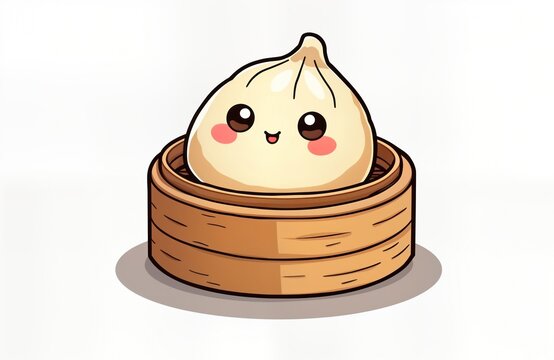 Cute cartoon dumpling in bamboo steamer. Smiling dim sum character resting in wooden steamer basket. Asian food concept for kitchen decor. Illustration style. Simple design. Perfect for posters
