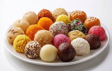 Assorted Indian Sweets on a White Plate Featuring Colorful and Mouthwatering Delicacies for Festive Occasions and Celebrations in a Traditional Style