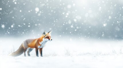 Majestic Red Fox Stands Alone in a Snowy Landscape with Gentle Snowflakes Falling in a Serene Winter Setting