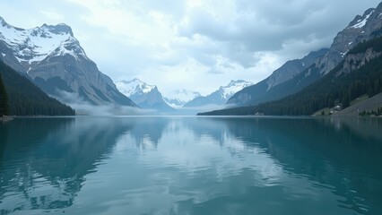 Calm teal lake mirrors the azure sky and distant mountains, framed by serene reflections amidst majestic peaks