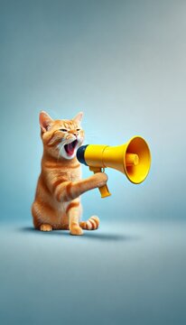Funny red cat holds a yellow loudspeaker in its paws and screams on a blue background, a creative idea. Business and management, concept. Increase traffic, advertising and attention