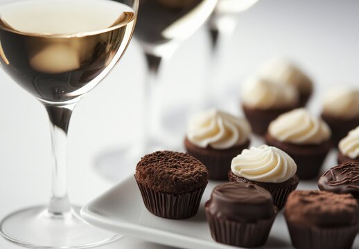 Assorted Miniature Chocolate Cupcakes with Cream Frosting Served on a White Plate Alongside Elegant Glasses of White Wine for a Luxurious Dessert Experience - Powered by Adobe