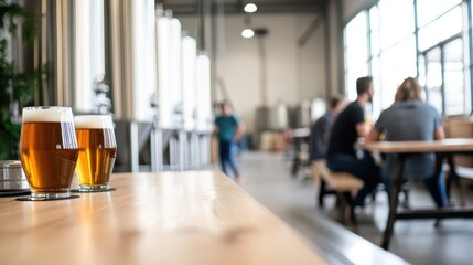Two Glasses of Beer on a Wooden Table in a Modern Brewery with People Socializing in the Background