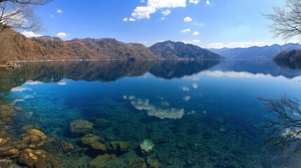 Panoramic view of one of the most clear lakes in the world. Lake Mashu, Japan 