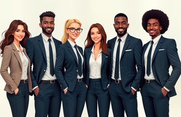 Diverse group of businesspeople stand together in studio setting. Wearing professional business attire. Men, women smiling confidently. Project success, professionalism. Image portrays diverse