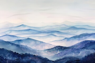 Fototapeta premium Serene watercolor landscape showcasing rolling hills and misty mountains in soft blue tones.