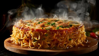Fototapeta premium A steaming dish of cheesy noodles with chicken and vegetables.