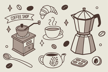Coffee shop elements, hand-drawn style, vintage illustrations, coffee cups, espresso machine, coffee beans, latte art, donut, croissant, iced coffee, teapot, sugar jar, spoon, cafe menu, speech bubble