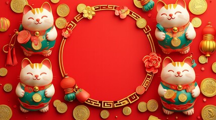 Cheerful Lucky Cat Decoration with Coins and Floral Accents