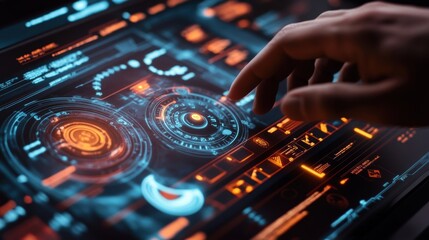 Engineer managing complex processes with a futuristic, interactive control panel featuring a glowing heads up display and digital readouts in a high tech environment