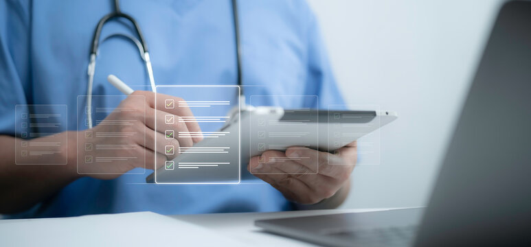 Doctor reviews digital checklist on tablet, symbolizing organization, workflow management and precision in modern healthcare smart systems and innovative healthcare technology