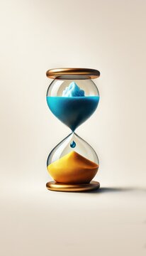 Iceberg glacier melting in a glass clock with a drop and a desert. Global warming. Drying up rivers and lakes, concept. Save the planet. Disappearance of water. Time and the end of life, creative