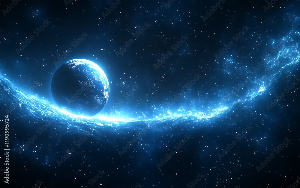 Poster earth-like planet near glowing nebula in deep space, ideal for sci-fi projects
