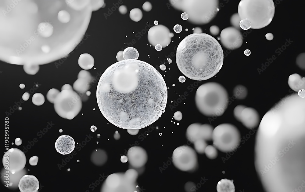 Poster abstract floating white spheres on a dark background, ideal for science or technology projects