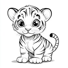 Adorable cartoon tiger cub sitting, white background, coloring page