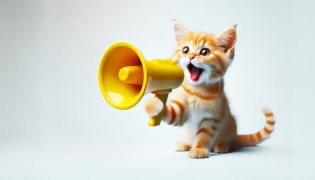 Funny red cat holds a yellow loudspeaker in its paws and screams on a blue background, a creative idea. Business and management, concept. Increase traffic, advertising and attention