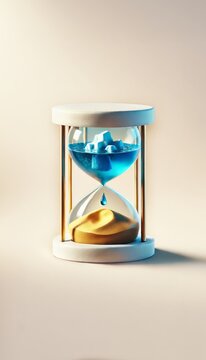 Iceberg glacier melting in a glass clock with a drop and a desert. Global warming. Drying up rivers and lakes, concept. Save the planet. Disappearance of water. Time and the end of life, creative