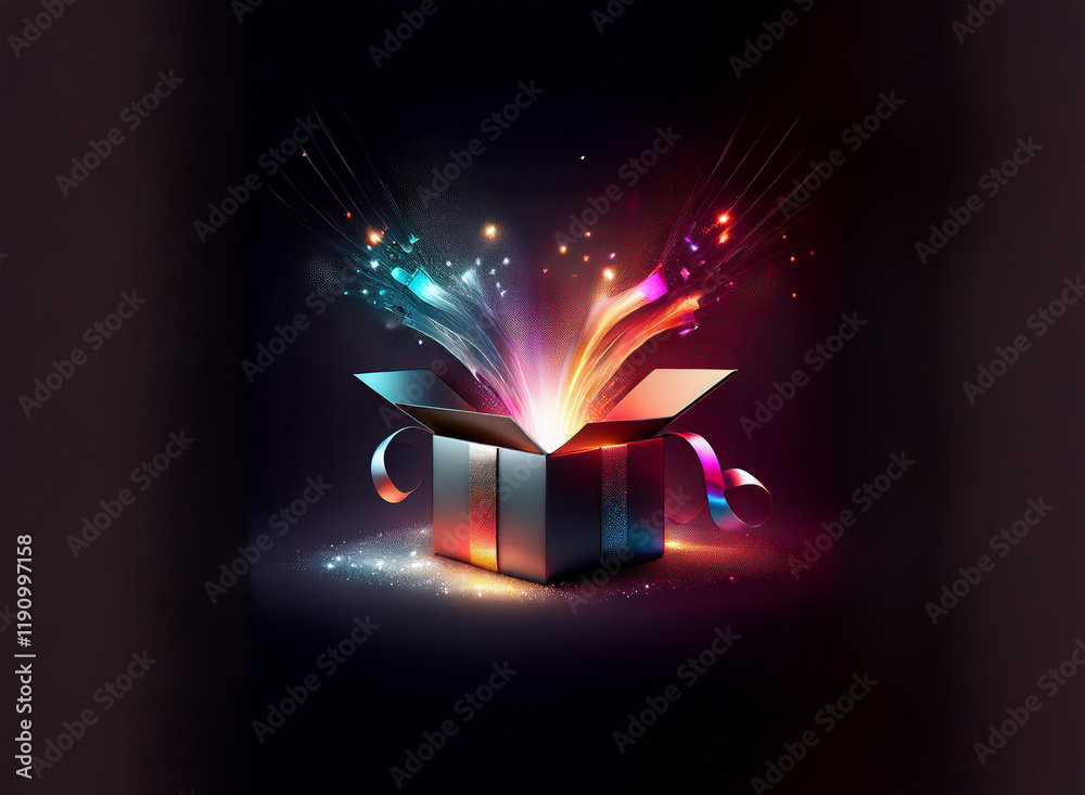 Poster a dark metallic gift box bursts open, releasing vibrant, multicolored light streaks and sparkling pa
