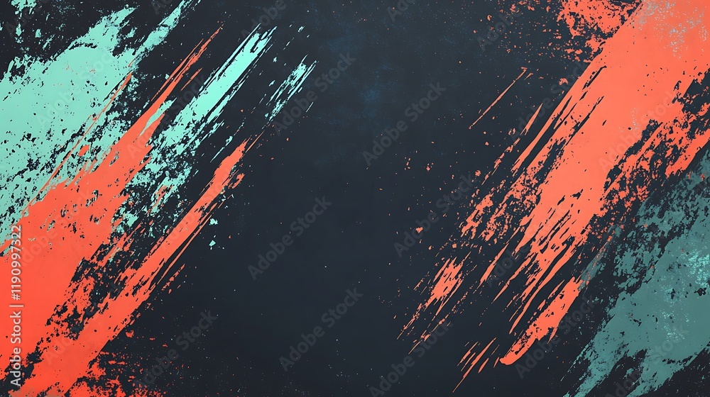 Poster diagonal teal and coral paint strokes on dark textured background for graphic design