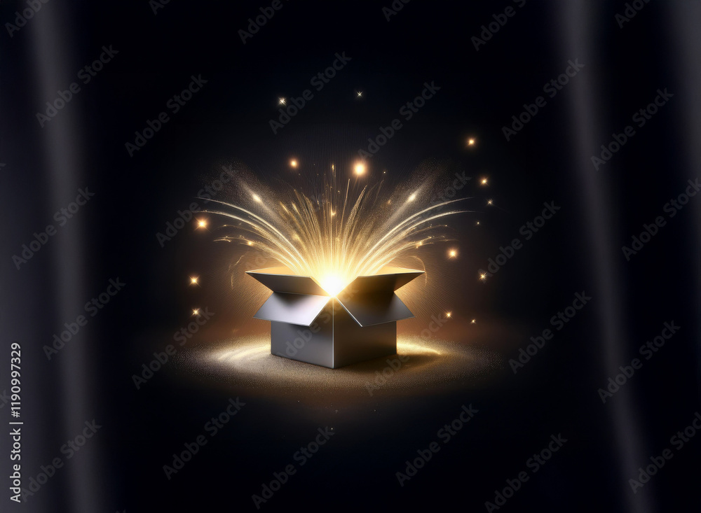 Poster an open gray cardboard box emits a radiant golden firework-like burst of light against a dark backgr