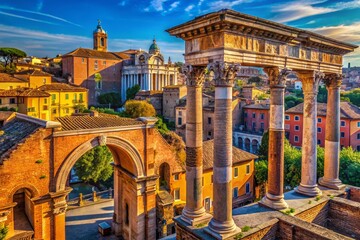 Fototapeta premium Rome's Ancient Portico di Ottavia: Aerial View of Brick Arch and Stone Columns