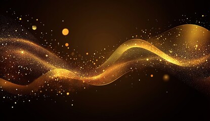 Obraz premium Abstract gold glitter background with bokeh lights, golden dust swirls, and particles on a dark brown backdrop