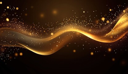 Obraz premium Abstract gold glitter background with bokeh lights, golden dust swirls, and particles on a dark brown backdrop