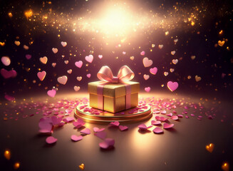 A golden gift box with a pink ribbon sits on a pedestal surrounded by pink and gold hearts and petals.  A warm light illuminates the scene, creating a magical, romantic atmosphere.