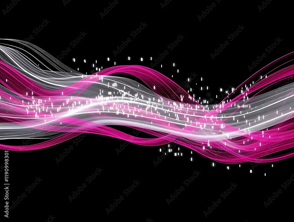 Aufkleber pink and white wavy lines with sparkling particles on black background
