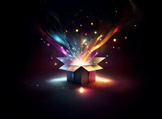 A dark, mysterious box bursts open, releasing vibrant, multicolored light trails and sparkling particles.  A magical, wondrous surprise unfolds.