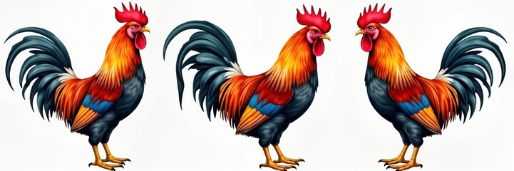 Fototapeta premium Colorful rooster illustration isolated on white background. Three roosters with vibrant plumage depicted. Rooster feathers display bright red orange blue, black colors. Rooster design for farm
