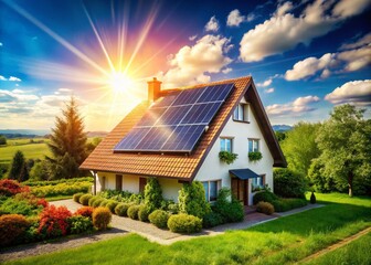 Obraz premium Rural Home Solar Panels: Sunny Countryside Renewable Energy
