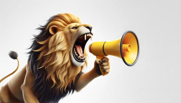 Cool beautiful lion holding and screaming into a yellow loudspeaker on a blue background. Business management and boss, a creative idea. Successful advertising and management, concept. Attention