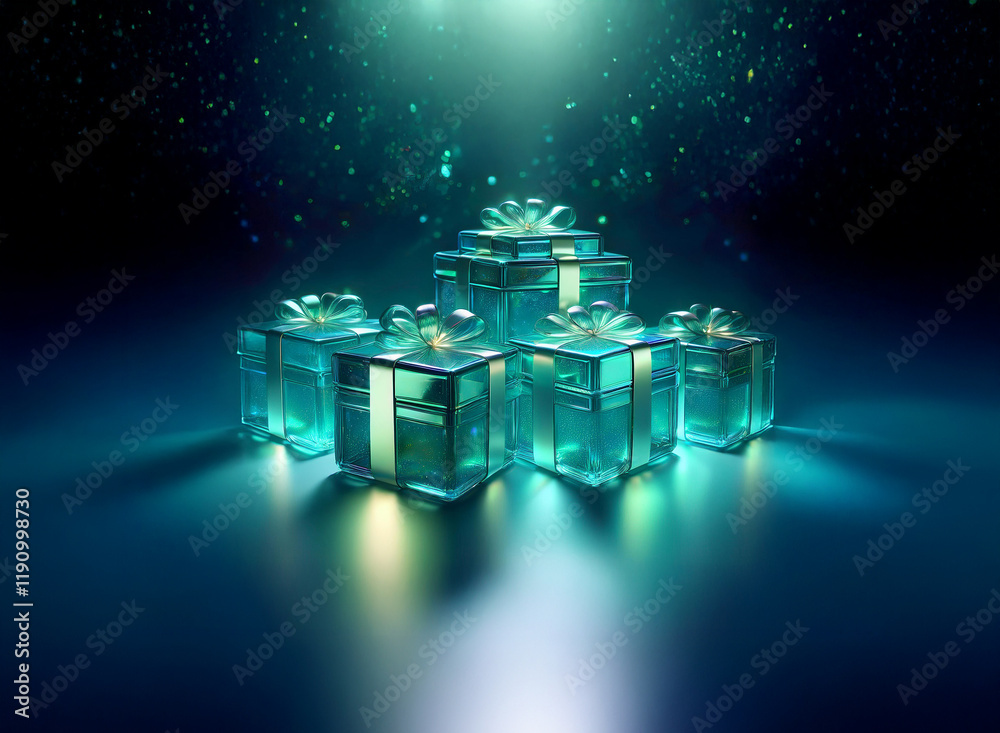 Poster five translucent teal gift boxes with glowing yellow ribbons sit on a dark reflective surface, illum