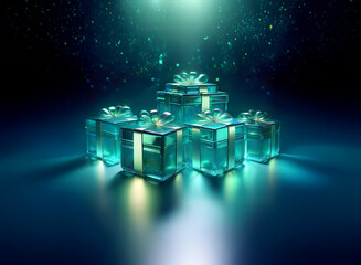 Five translucent teal gift boxes with glowing yellow ribbons sit on a dark reflective surface, illuminated by a soft spotlight.  Sparkling particles drift in the air.