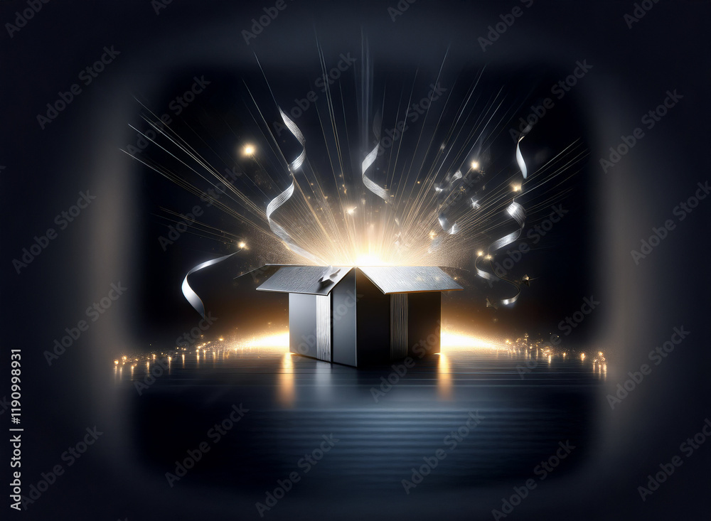 Poster a black gift box sits open, emitting a brilliant golden light and sparkling confetti. mysterious and