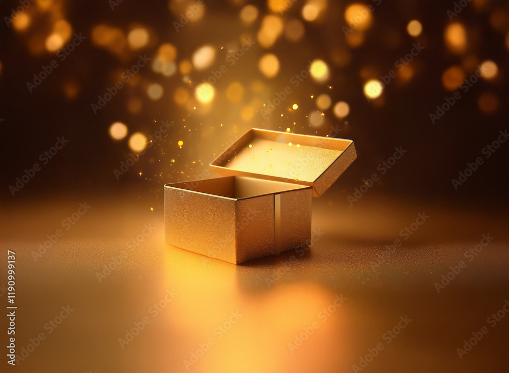 Poster an open gold gift box radiates a warm, magical glow against a bokeh background. sparkling dust motes