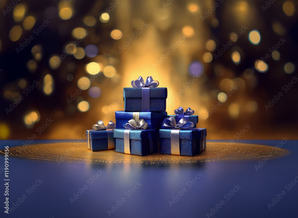 Poster stack of navy blue gifts with silver ribbon bows sits on a gold circular surface against a shimmerin