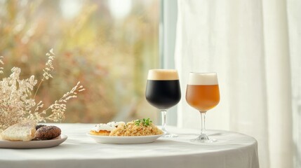 Indulgent Pairing of Refreshing Beverages and Appetizing Dish on White Tablecloth by Window with Gentle Natural Light