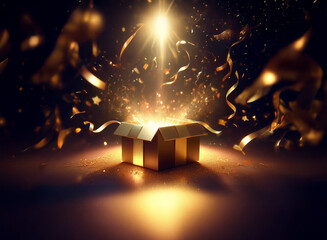 A golden gift box bursts open, releasing a magical glow, golden confetti, and shimmering ribbons in a dark setting.  The scene evokes wonder and celebration.