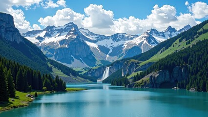 A serene turquoise lake nestles amidst lush green mountains, crowned by snowy peaks. A majestic waterfall cascades into its heart while a soft, azure sky embraces the tranquil scene