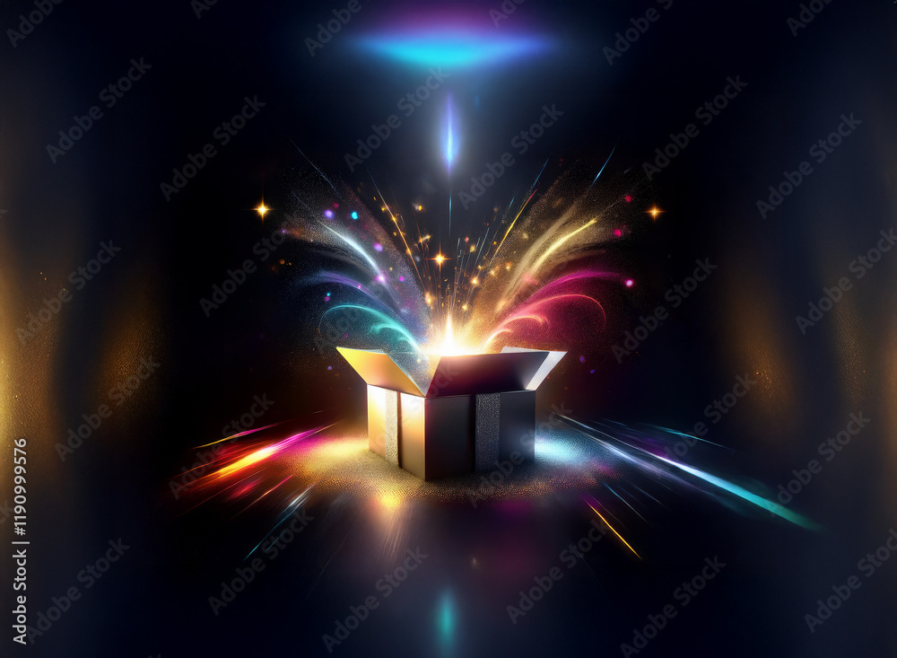 Poster a dark room, a simple box sits open, radiating vibrant, multicolored light streaks and sparkling par