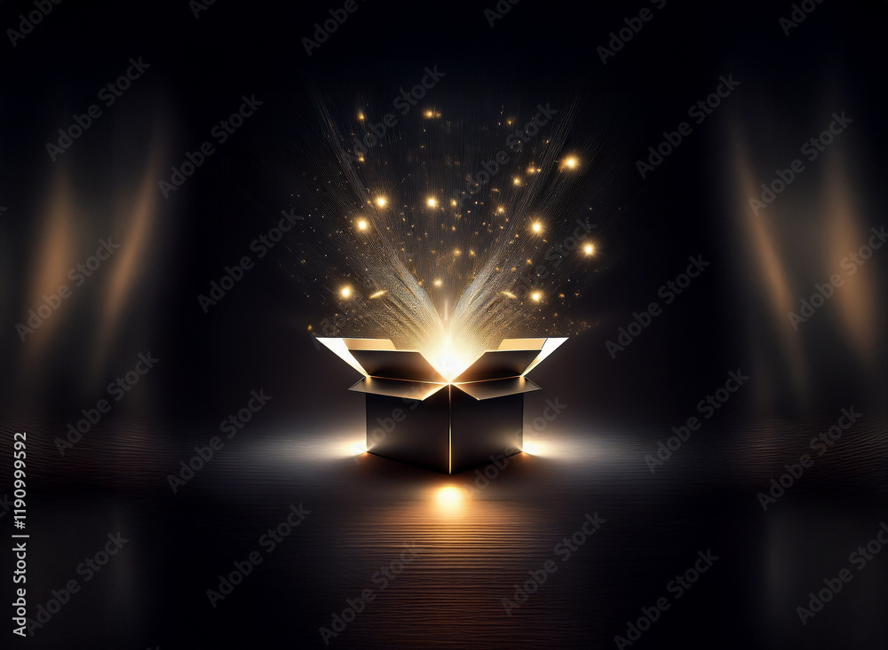 Poster a dark, mysterious scene. an open black box radiates golden light and sparkling particles, suggestin