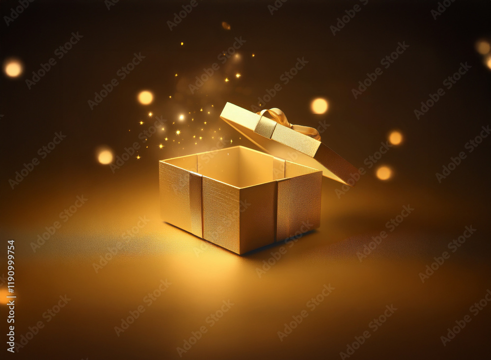 Poster an open golden gift box glows with magical light and sparkles, on a dark background. a sense of wond