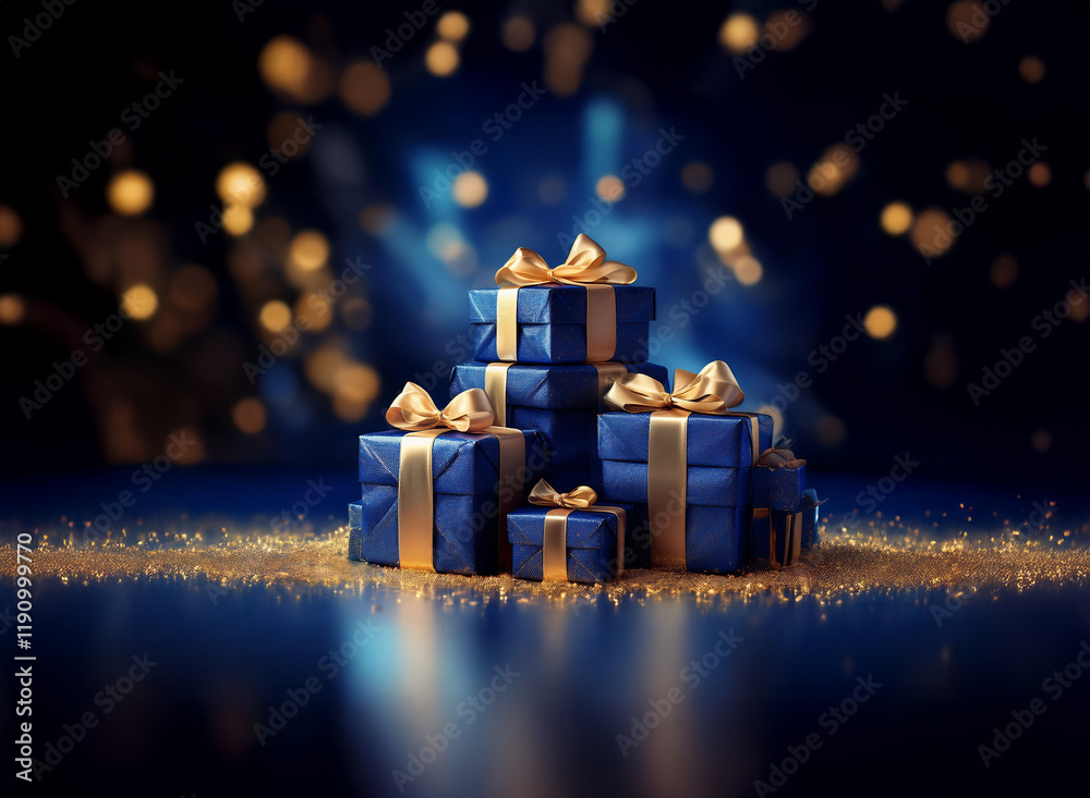Poster a stack of navy blue gifts with gold ribbons sits on a sparkling surface against a bokeh background 