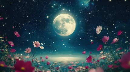 Naklejka premium Serene moonlit night over flowering meadow enchanting landscape art tranquil atmosphere celestial view