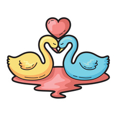 Two loving swans share a heart above water, ideal for romantic concepts, Valentines Day designs, love themes, and greeting cards
