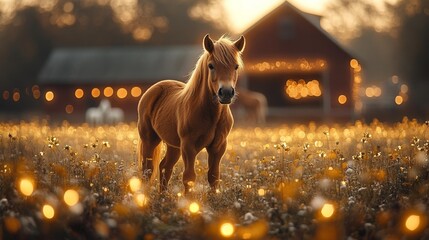 Majestic Horse on a Farm at Sunset. Generative AI