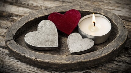Obraz premium Romantic candlelit heart arrangement rustic table photography cozy atmosphere close-up love and intimacy