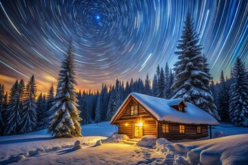 Fototapeta premium Rustic Cabin Star Trails Night Sky Mountain Landscape Peaceful Atmosphere